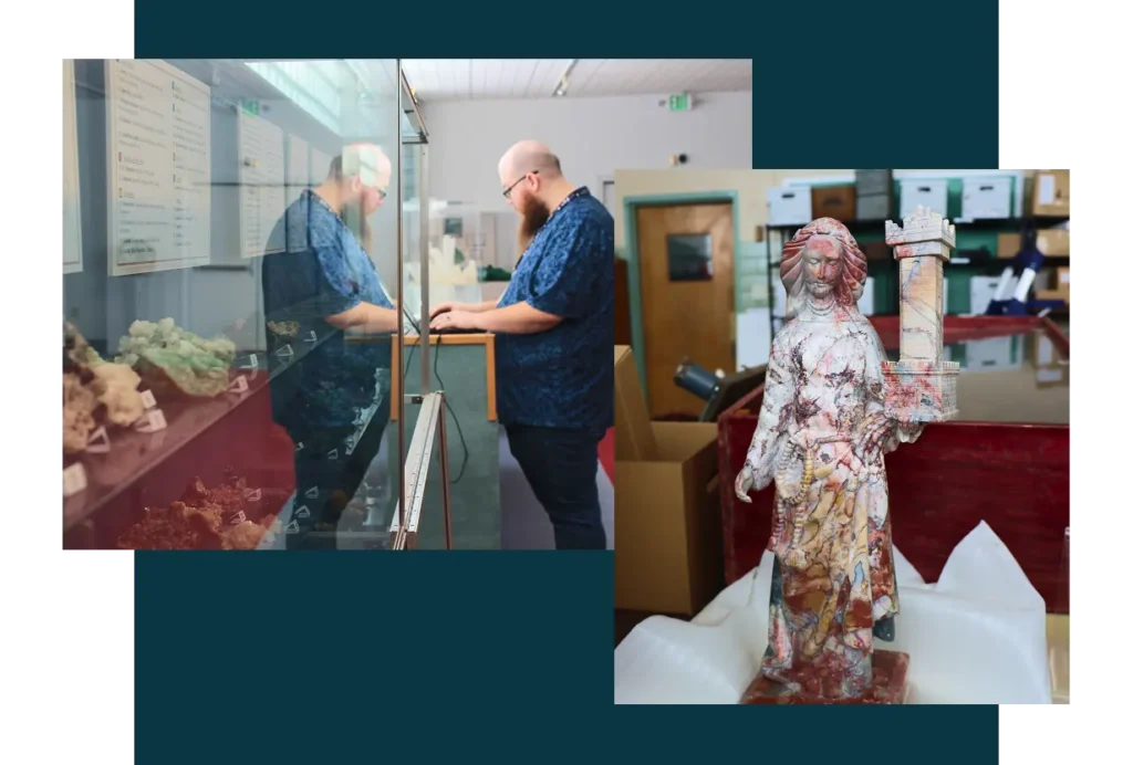 A collage of a man curating museum artifacts and a statue made out of Santa Barbara Soapstone