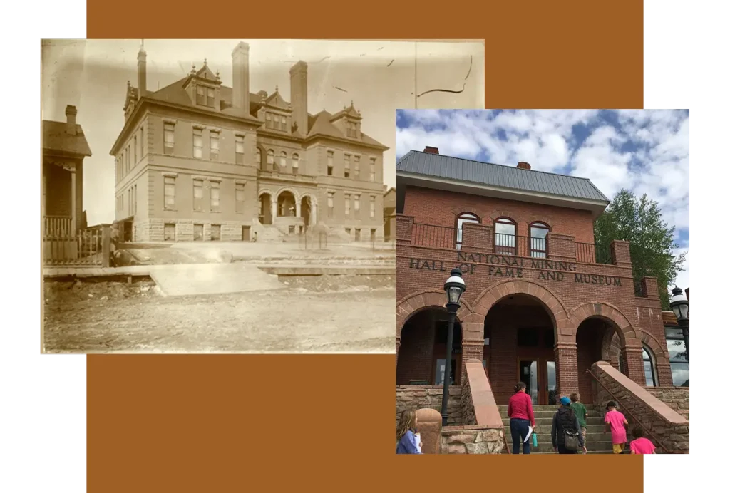 Collage of historic Leadville High School and modern Mining Museum