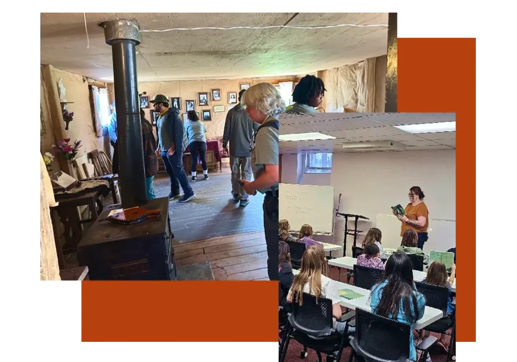 Collage of the Superintendents Cabin and a classroom at the Mining Museum