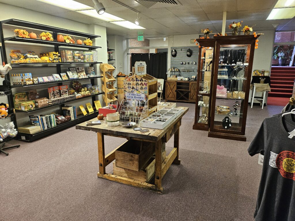Gift shop in the museum with shelves of toys, books, and puzzles. A table with rocks. Glass shelves with jewelry. T-shirt rack.