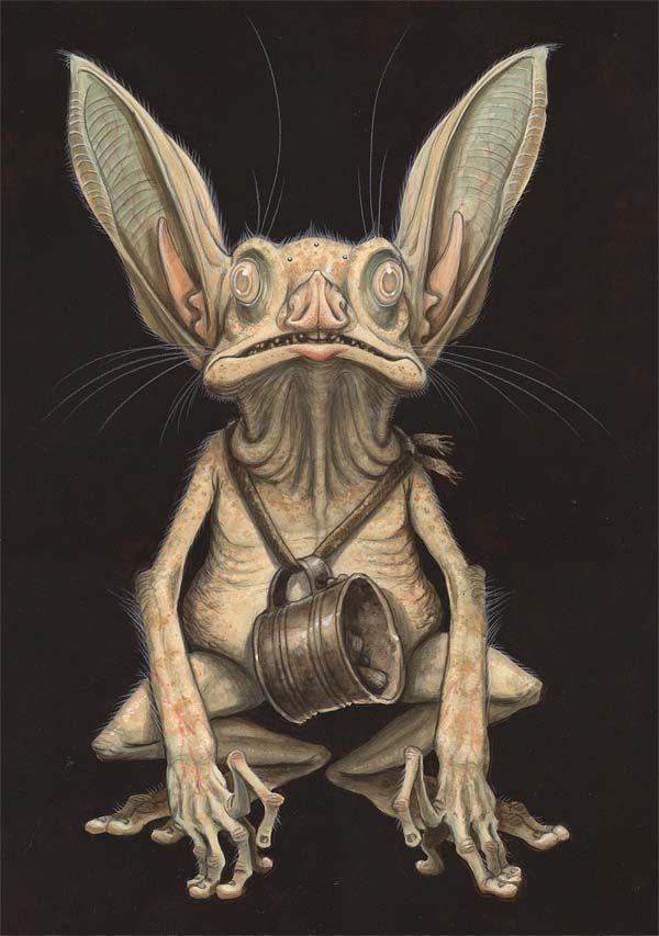 knocker creature from the Spiderwick Chronicles children's series, pale and long ears with a cup around its neck mean to resemble a knocker from Cornish mining folklore